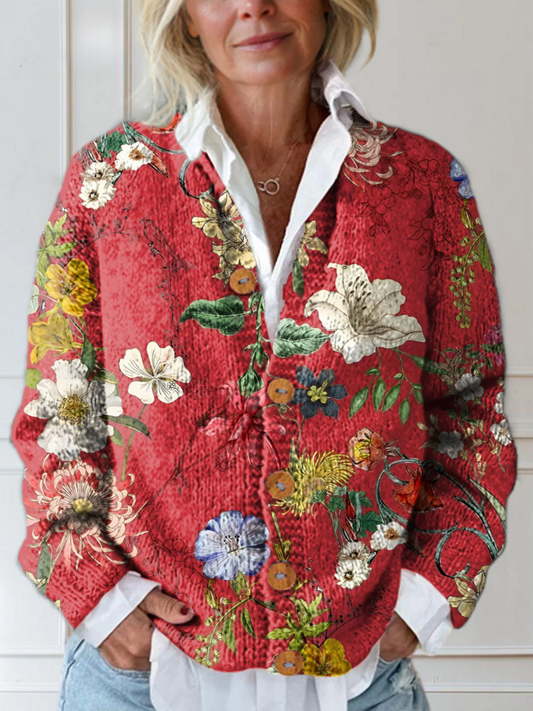 Women's Vintage Floral Art Print | Buttoned Cardigan Sweater