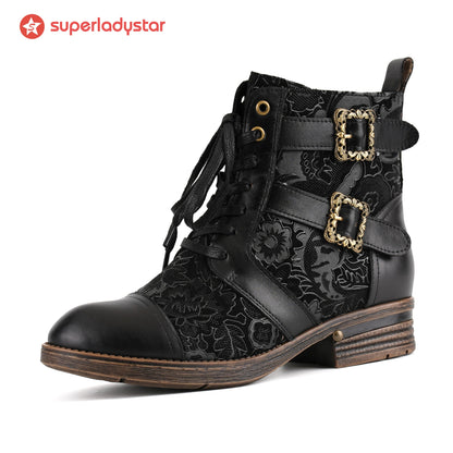 Timeless Grace Floral Lace-Up Flat Ankle Boots