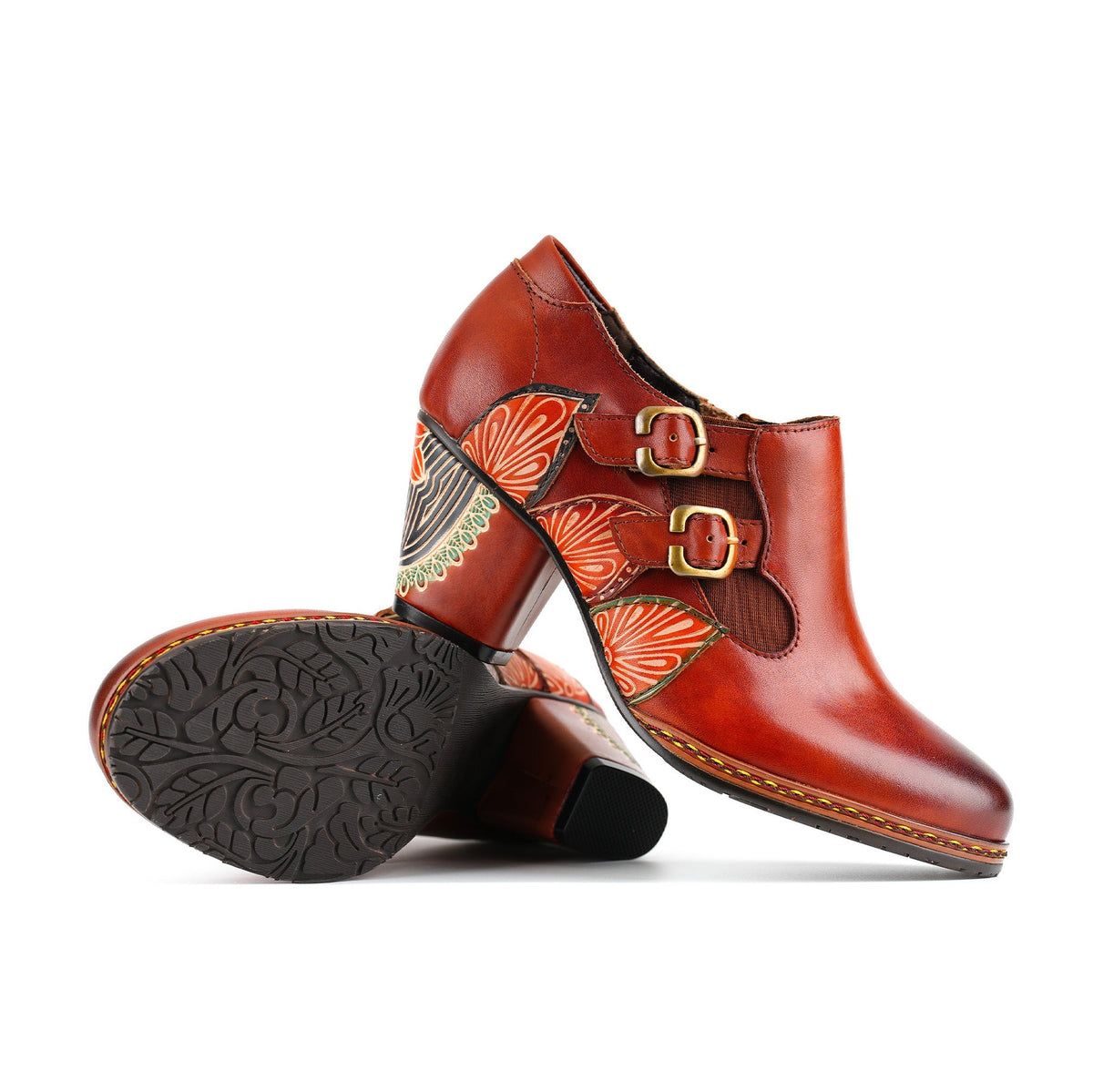 Retro Pattern Leather Zipper Pumps