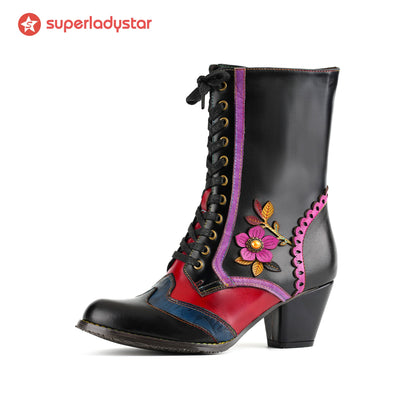 Vintage Crimson Bloom Ankle Boots