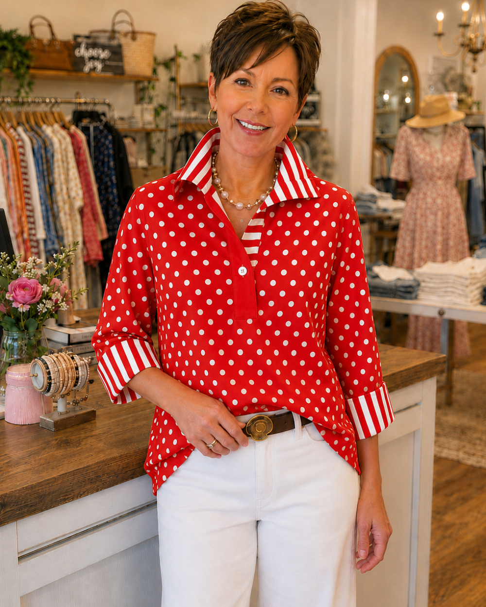 Elmira - Blouse with Polka Dots and Contrast Stripes