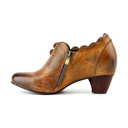 Retro Handmade Floral Leather Low-Heel Pumps