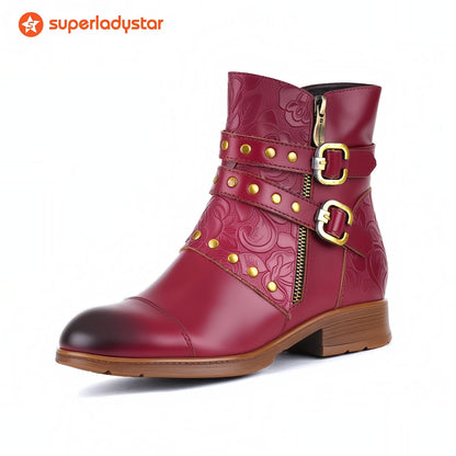 Embossed Buckle Strap Ankle Boots