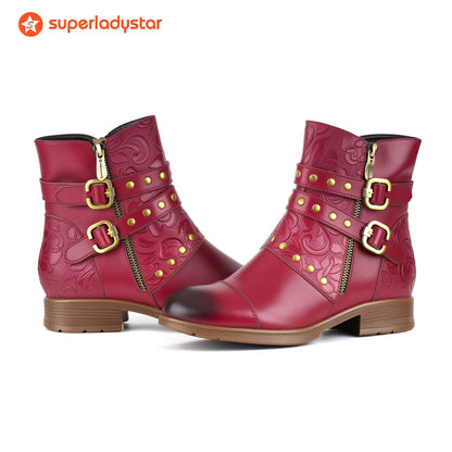 Embossed Buckle Strap Ankle Boots