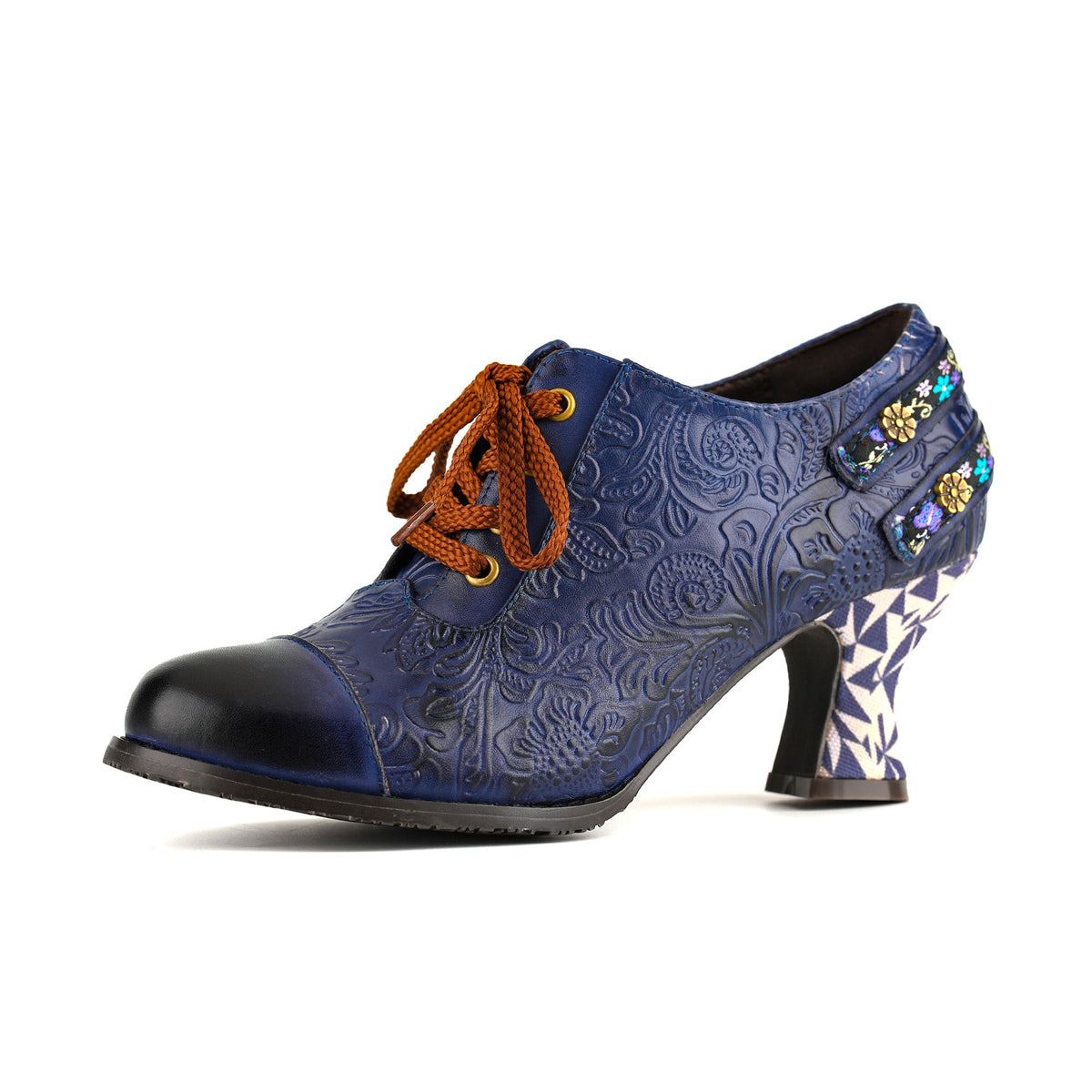 Floral Embossed Lace-Up Heels