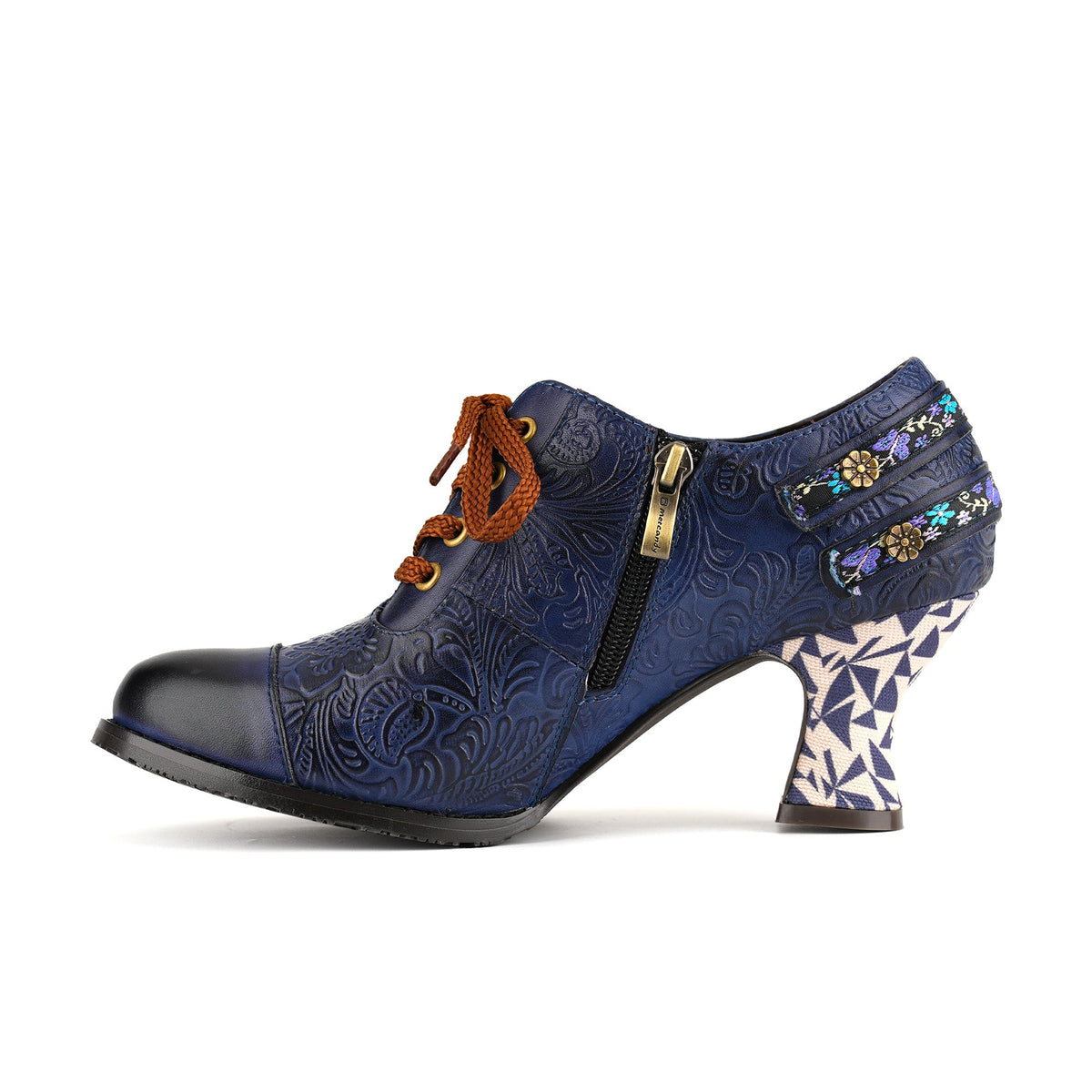 Floral Embossed Lace-Up Heels
