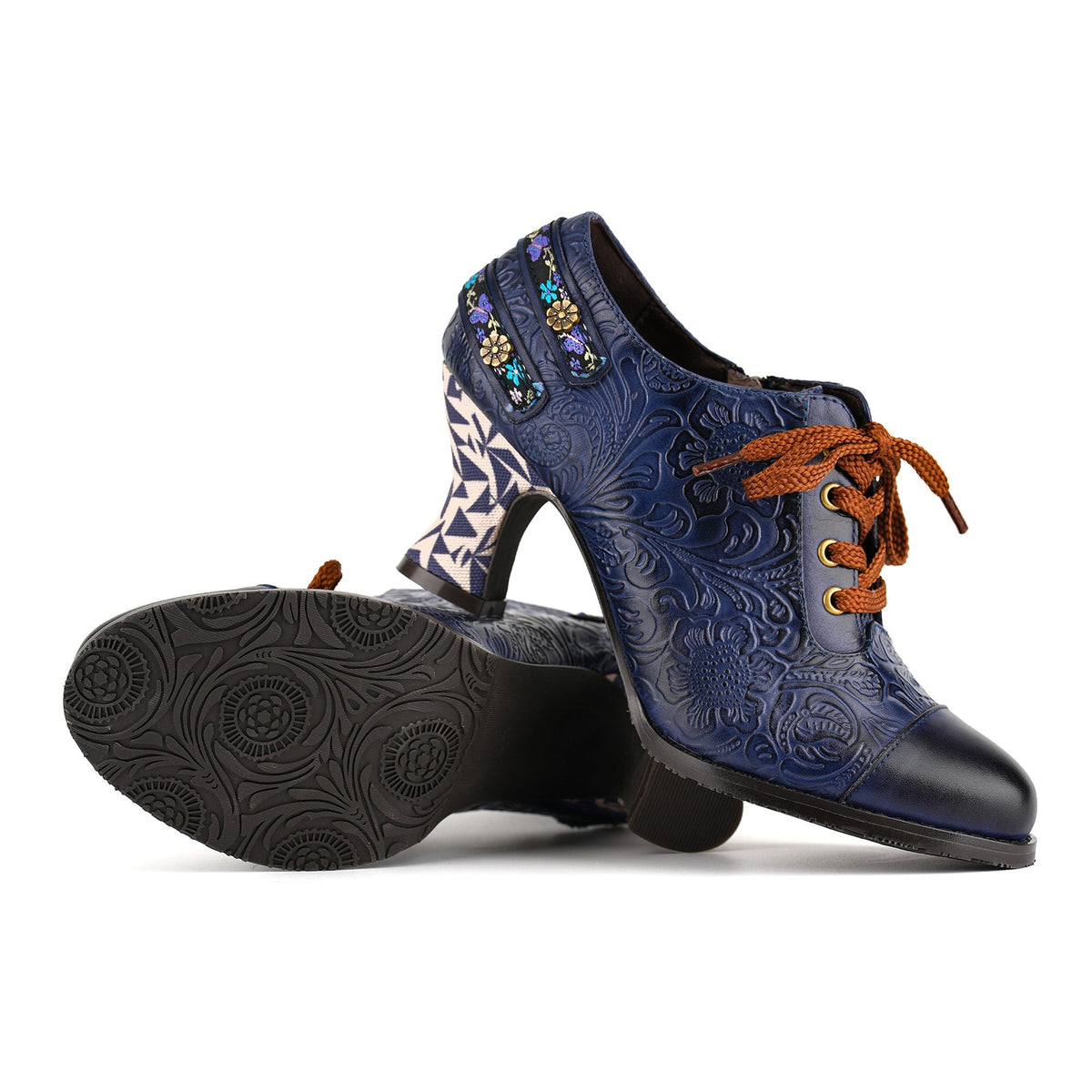 Floral Embossed Lace-Up Heels