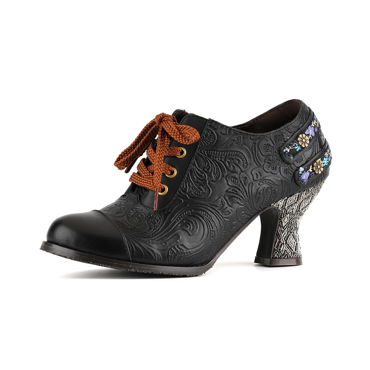 Floral Embossed Lace-Up Heels