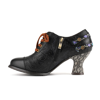 Floral Embossed Lace-Up Heels