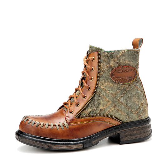 Vintage Stitching Low Heel Ankle Boots
