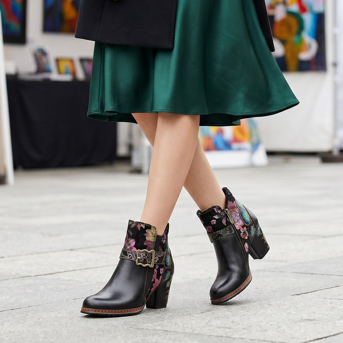 Vintage Handmade Floral Buckle Strap Ankle Boots