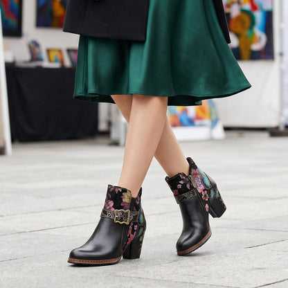 Vintage Handmade Floral Buckle Strap Ankle Boots
