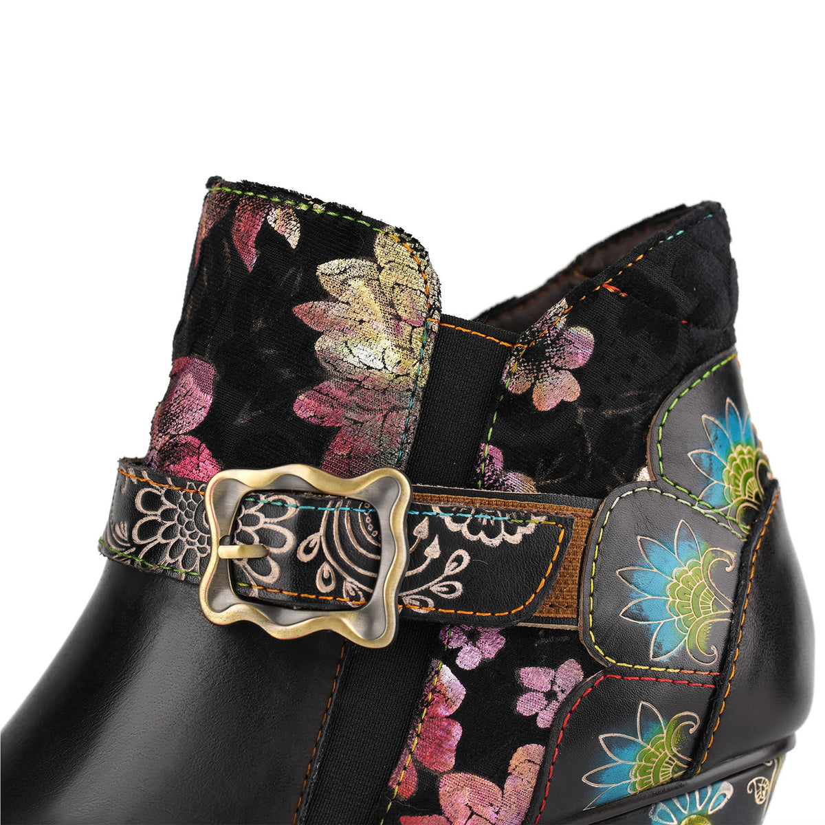 Vintage Handmade Floral Buckle Strap Ankle Boots
