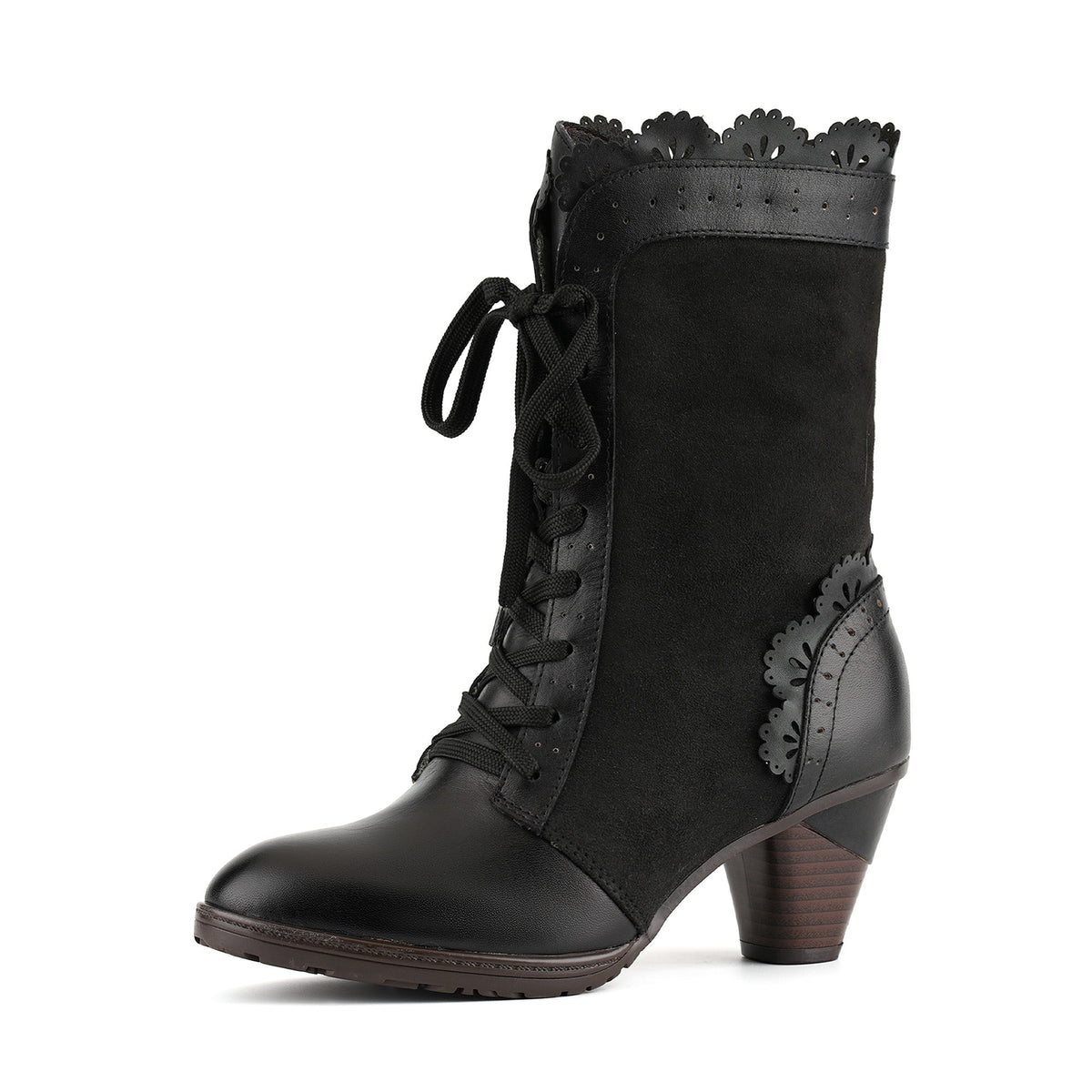 Victorian Scalloped Leather Trim Mid-Calf Boots