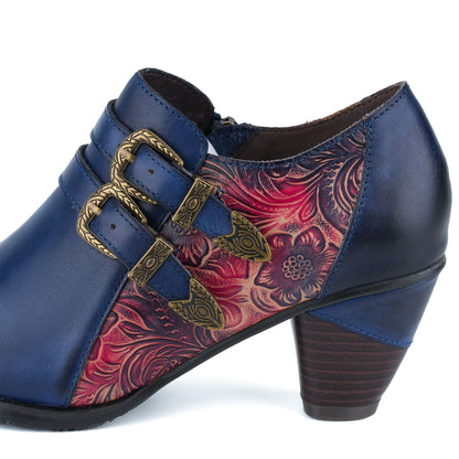 Vintage Floral Buckle Embossed Pumps