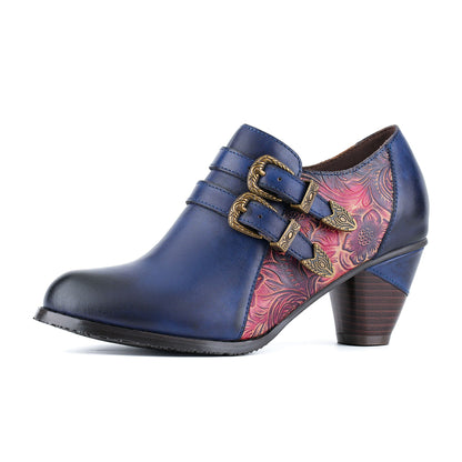 Vintage Floral Buckle Embossed Pumps