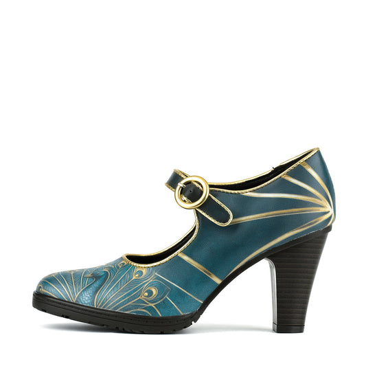 Peacock Gold-Edged Feather Mary Jane Pumps