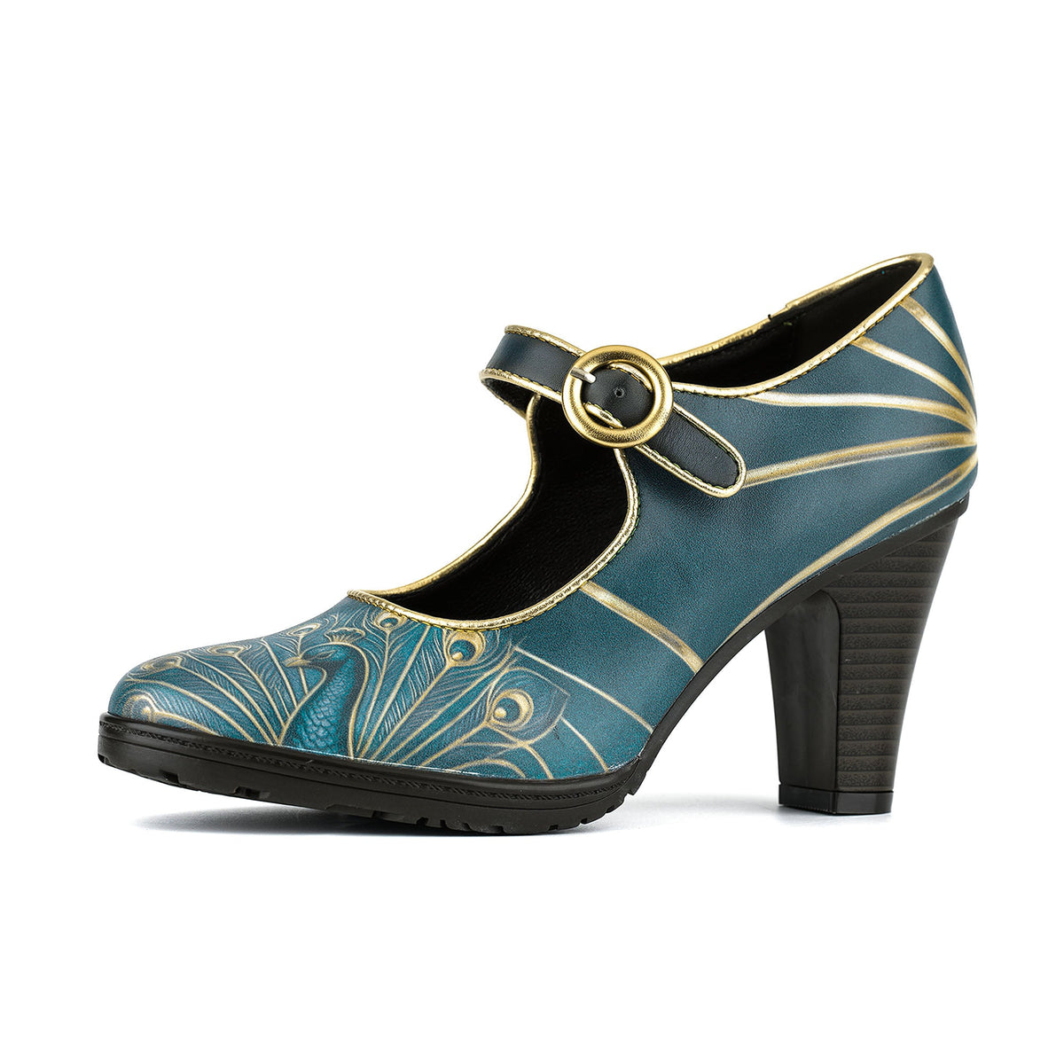 Peacock Gold-Edged Feather Mary Jane Pumps