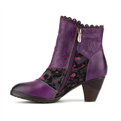 Vintage Floral Embossed Scalloped Trim Ankle Boots