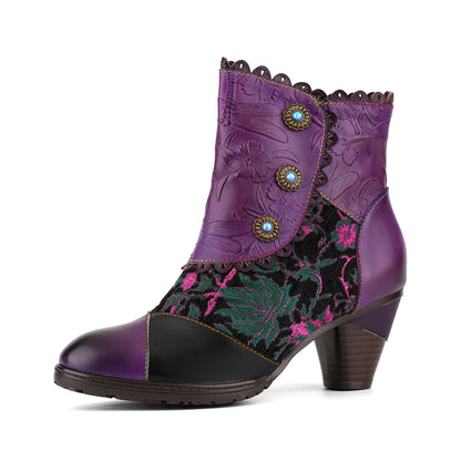 Vintage Floral Embossed Scalloped Trim Ankle Boots
