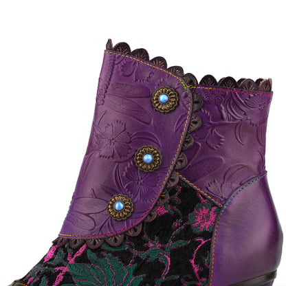 Vintage Floral Embossed Scalloped Trim Ankle Boots