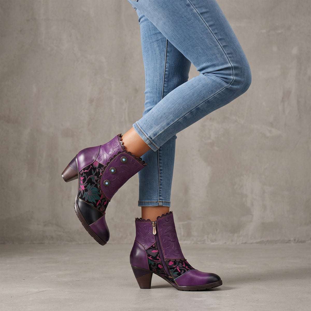 Vintage Floral Embossed Scalloped Trim Ankle Boots