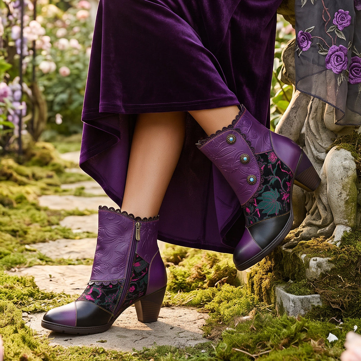 Vintage Floral Embossed Scalloped Trim Ankle Boots