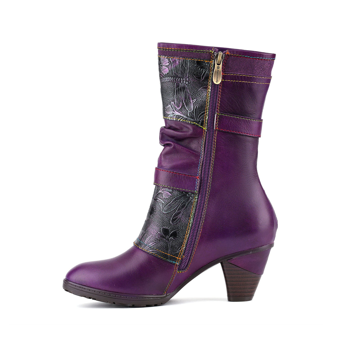 Amethyst Floral Embossed Leather Mid-Calf Boots