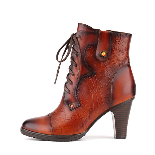 Vintage Embossed Leather Ankle Boots