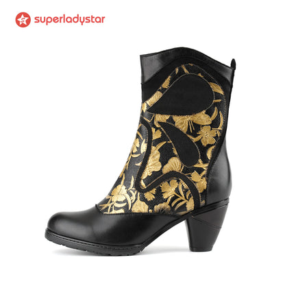 Retro Painted Genuine Leather Dragonfly Ankle Boots