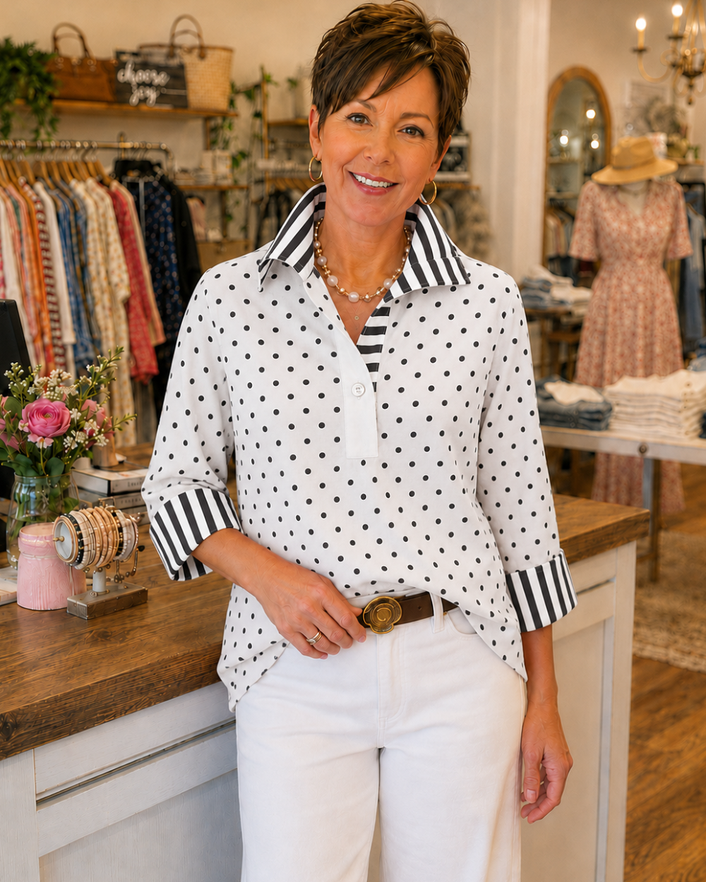 Elmira - Blouse with Polka Dots and Contrast Stripes