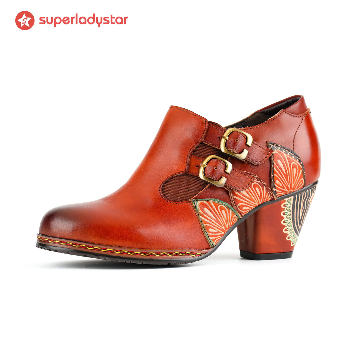 Retro Pattern Leather Zipper Pumps