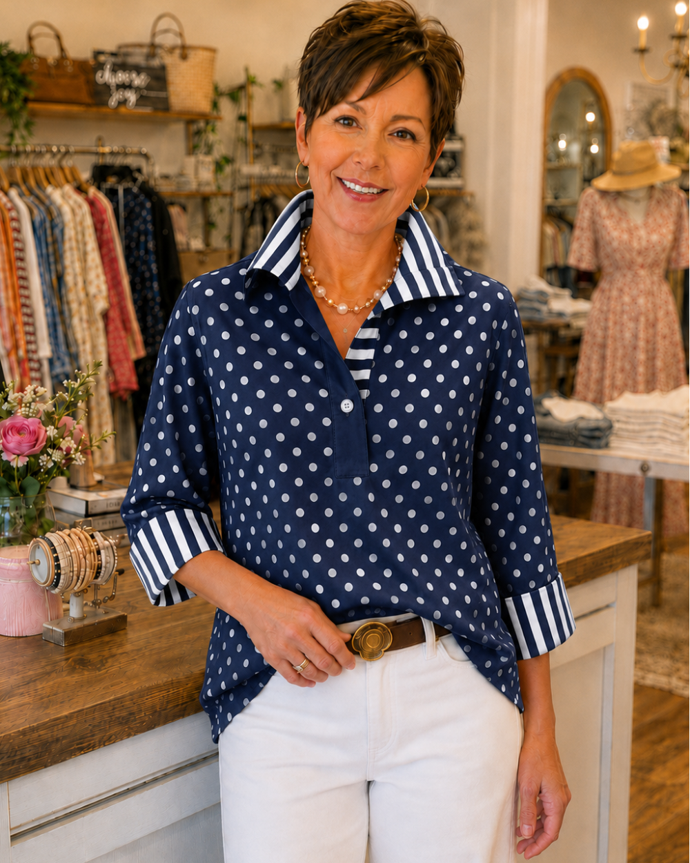 Elmira - Blouse with Polka Dots and Contrast Stripes