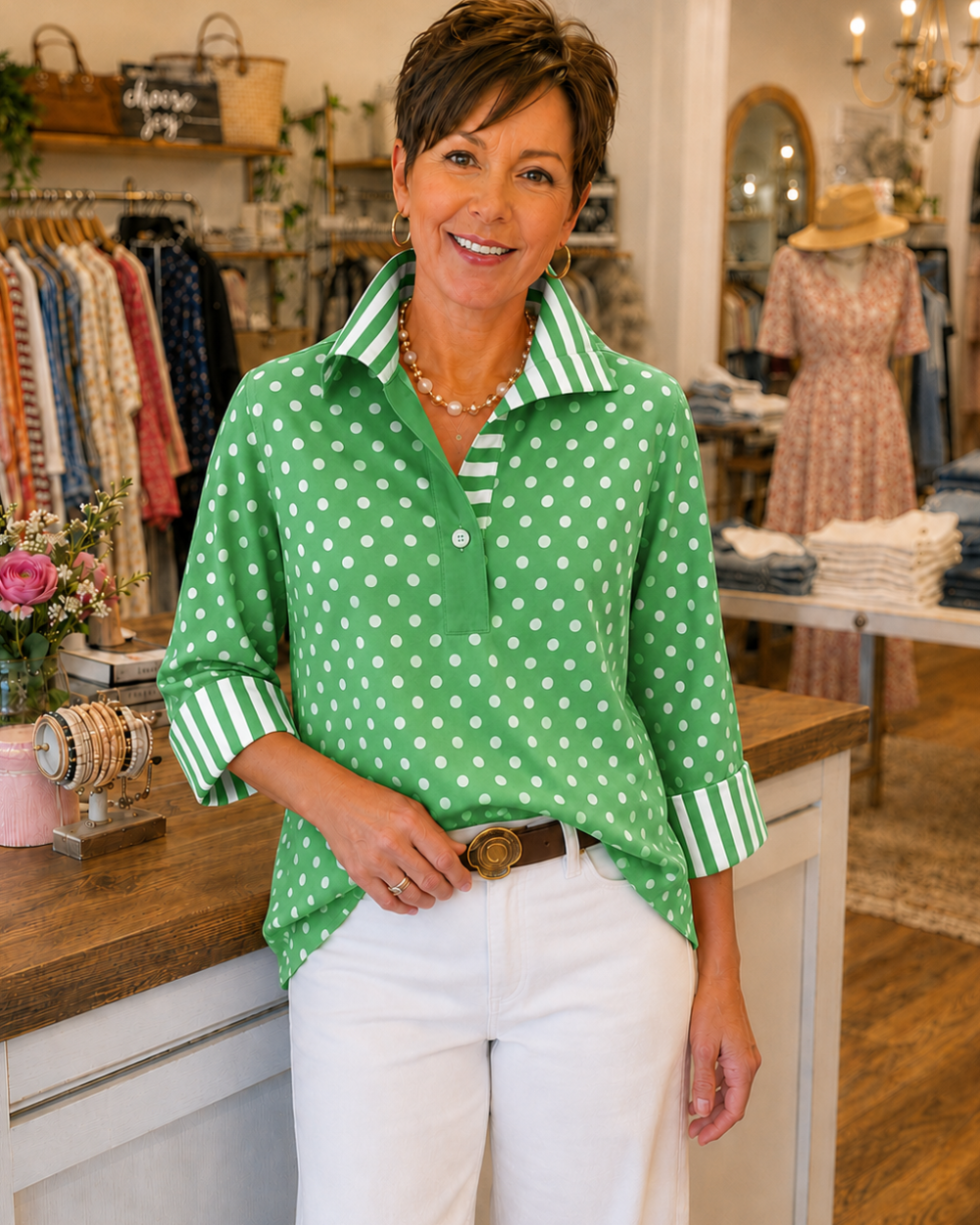 Elmira - Blouse with Polka Dots and Contrast Stripes