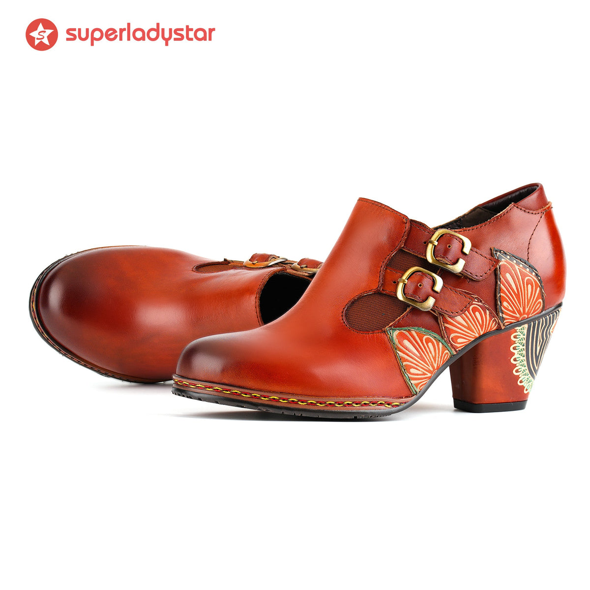 Retro Pattern Leather Zipper Pumps