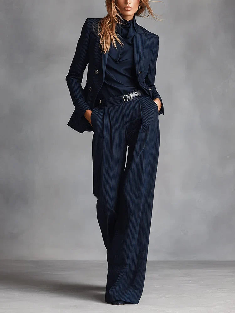 Rosamund navy pinstripe double-breasted suit set for women