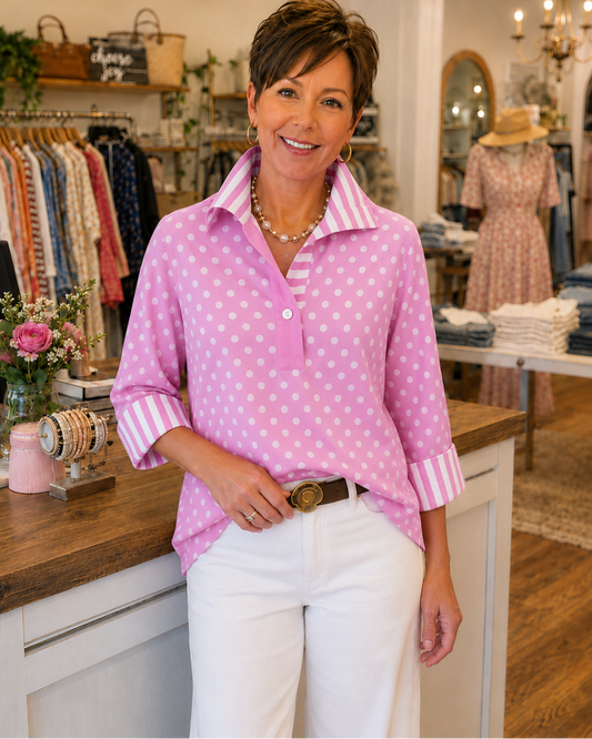 Elmira - Blouse with Polka Dots and Contrast Stripes