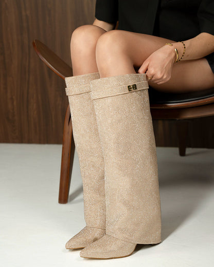 Diva Sequin Knee High Boots - Beige