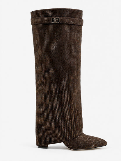 Diva Sequin Knee High Boots - Brown
