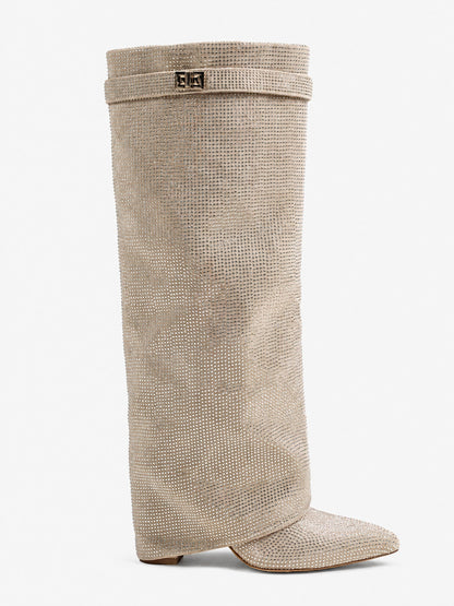Diva Sequin Knee High Boots - Beige