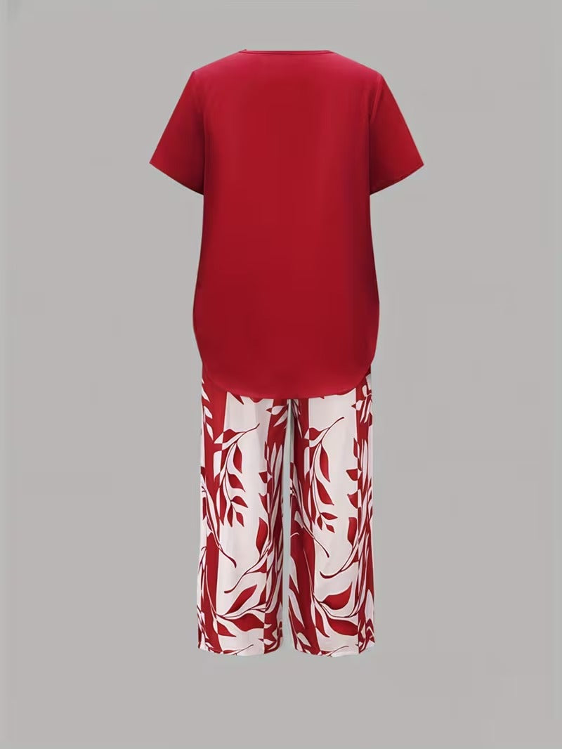 Casual Leaf Print Two Piece Set