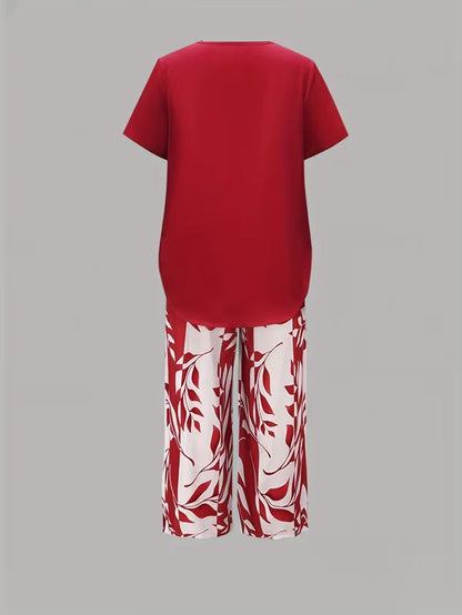 Casual Leaf Print Two Piece Set