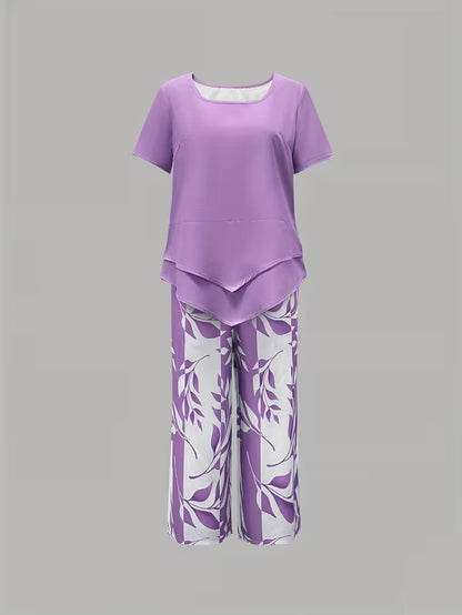 Casual Leaf Print Two Piece Set