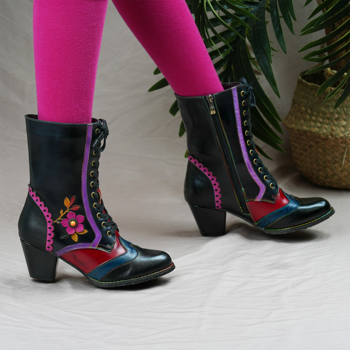 Vintage Crimson Bloom Ankle Boots