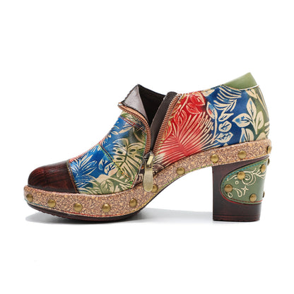 Retro Floral Handmade Rivet Comfort Block Heel Pumps