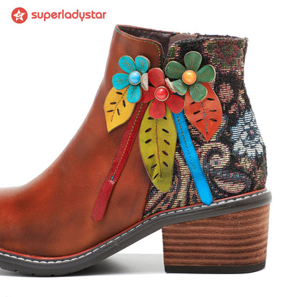 Vintage Handmade Leather Floral Ankle Boots