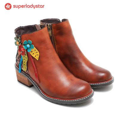 Vintage Handmade Leather Floral Ankle Boots