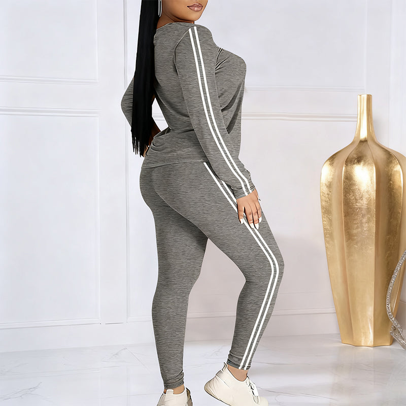 Women's casual two-piece tracksuit with double stripes
