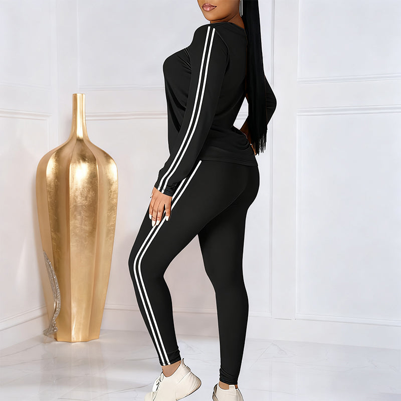 Women's casual two-piece tracksuit with double stripes