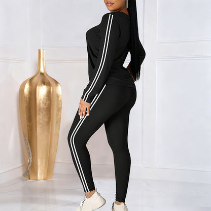Women's casual two-piece tracksuit with double stripes